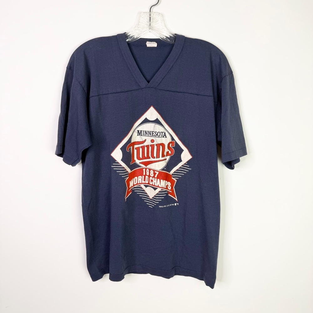 Vintage 80s Minnesota Twins V Neck Shirt Large Navy MLB Baseball Single Stitch